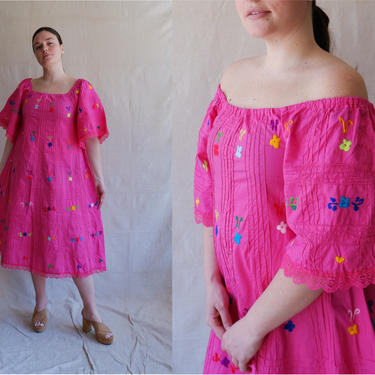 Vintage Embroidered Mexican Off The Shoulder Dress/ Handmade Bright Pink Cotton Folk Dress/ Size Large 