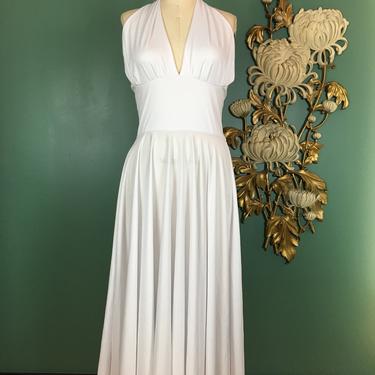 1990s dress, white halter dress, Marilyn Monroe, full skirt, halloween costume, seven year itch, medium, 1950s style, vintage, fit and flare 