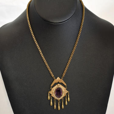 Unusual 1920's Gothic brass & paste affixed pendant, edgy Art Deco faux amethyst and pearls bling statement necklace 
