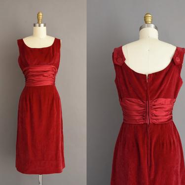 vintage 1950s dress | Cranberry Red Velvet Holiday Cocktail Party Dress | Small | 50s vintage dress 