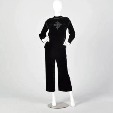 Small 1960s Black Velvet Two Piece Ensemble Culotte and Celtic Cross Tunic Top 