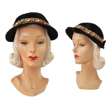 1950s Black Angora Cloche Hat with Gold Trim - 1950s Black Cloche Hat - 1950s Black Bonnet Hat - 1950s Holiday Hat - Vintage Black Hat 