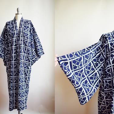 Vintage Hand-Sewn Cotton Yukata Robe | OS | 1980s Indigo and White Cotton Japanese Robe | Kimono 