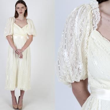 Romantic Country Lace Wedding Dress / Sheer Ivory Floral Bridal Dress / Vintage 80s Puff Sleeve Gown / Womens Wrap Midi Maxi Dress 