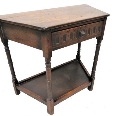 English Entry Table | Antique Tiger Oak Entryway Shelf With Spoon Carved Drawer And Lower Shelf 