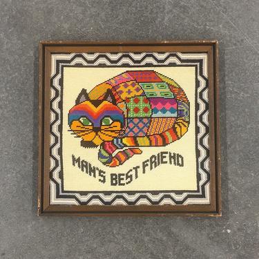 Vintage Needlepoint 1970s Retro Size 17x17 Bohemian + Cat + Mans Best Friend + Homemade + Multi Color and Print + Kitty + Wall Art + Decor 