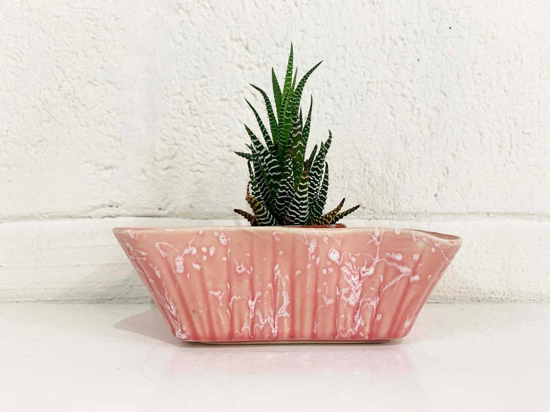 Vintage Pink Upco Planter Art Deco Powder White Drip Glaze