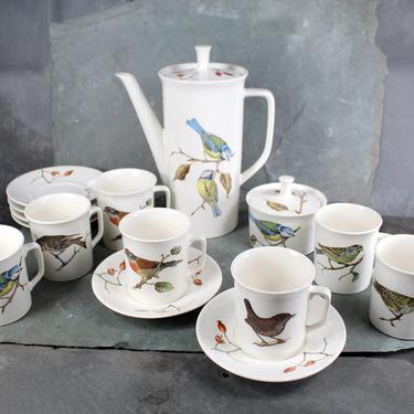 Vintage Villeroy &amp; Boch Porcelain Coffee Service - Birds on Branch Pattern - Coffee Pot, Sugar Bowl, Creamer, 6 Cups/Saucers 