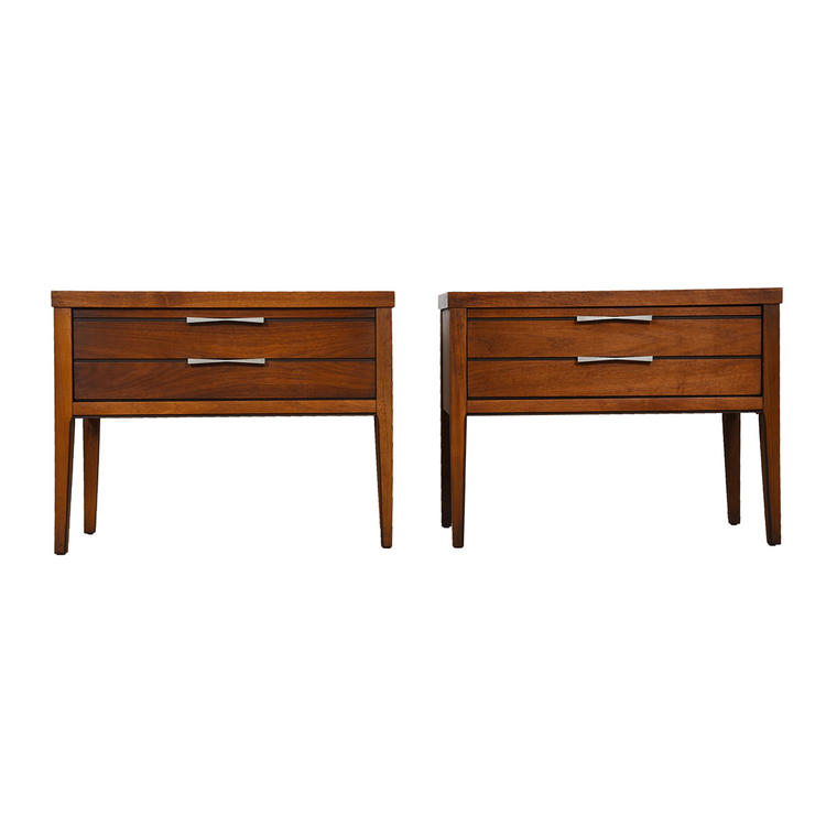 Pair of MCM Walnut Nightstands End Tables w Bowtie Inlays Modern