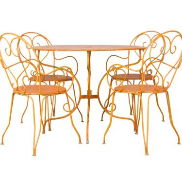 Antique French Orange Wrought Iron Patio Outdoor Dining Set 