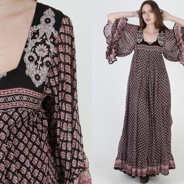 Vintage 70s India Block Print Dress / Wide Angel Sleeve Cotton Indian Dress / Big Slv Floral Gauze Festival Maxi Size 34 