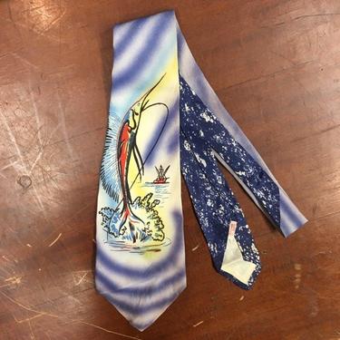 Vintage 1950s Handpainted Ombres Swordfish Print Rockabilly Swing Tie, 1940s Tie, 1950s Tie, Vintage Shirt, Vintage Tie, Vintage Clot 