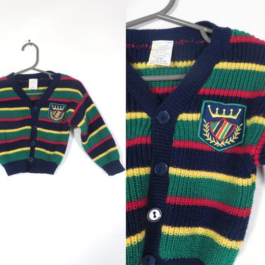 Vintage 80s Baby Striped Button Up Cardigan With Crest Patch Size 12M 