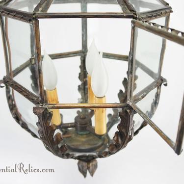 French 3-candle copper and glass paneled lantern, circa 1900s