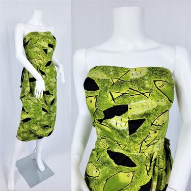 Green 1950's Abstract Fish Print Cotton Sarong Strapless Dress I Sz Med I Handmade by Neva 