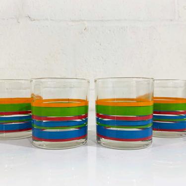 Vintage Rainbow Striped Water Glasses Set Retro Primary Stripe Glassware Drinkware Glass Set of 4 Lowball Rocks 1980s 80s 