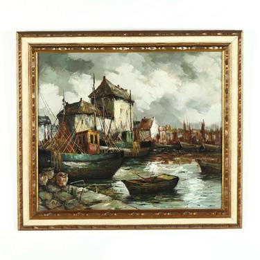Painting, Oil on Canvas, &quot;Belgian Harbor&quot;, A Mid-Century Framed Painting!!
