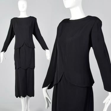 2XL 1980s Galanos Two Piece Black Dress Black Layered Dress Evening Wear Matching Set Tiered Skirt 80s Vintage 
