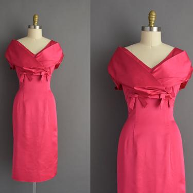 vintage 1950s dress | Gorgeous Fuchsia Pink Silk Bombshell Cocktail Party Wiggle Dress | Large | 50s vintage dress 