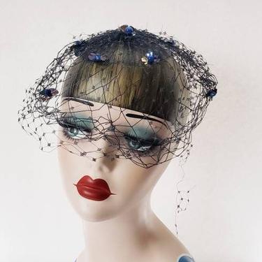 1950s Bes-Ben Blue Whimsy Headpiece / 50s Designer Fascinator Veil Beaded Flowers Over Netting / Musetta 