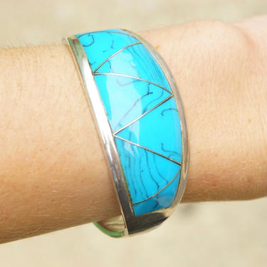 Vintage TAXCO 950 Modernist Sterling Silver Turquoise Cuff, Gorgeous Turquoise Inlay Bracelet, Hinged Silver Gemstone Cuff, 6 1/2&quot; L 
