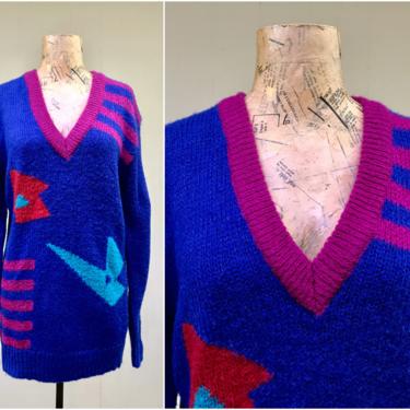 Vintage 1980s Royal Blue New Wave Sweater, 80s Slouchy Oversized Acrylic Knit V-Neck Pullover, Medium 