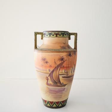 Antique Nippon Moriage Hand Painted Vase with Egyptian Sunset Scene 