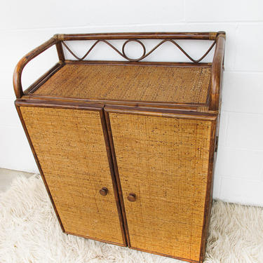 Vintage Wicker Rattan Woven  Bamboo and Wood Bohemian Cabinet 