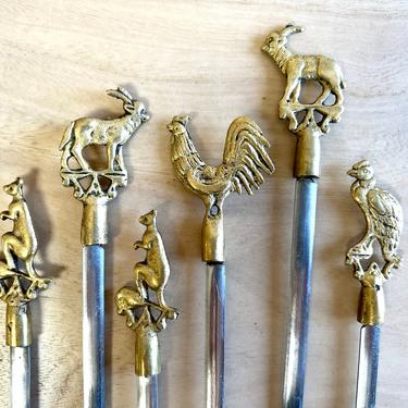 Turkish Kabab Skewers with Brass Animal Tops, Brass and Stainless 