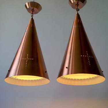 PAIR of 24 in. 1950 HUGE PENDANT made of spun  aluminium anodized in cooper with glass lens (price is for pair) 