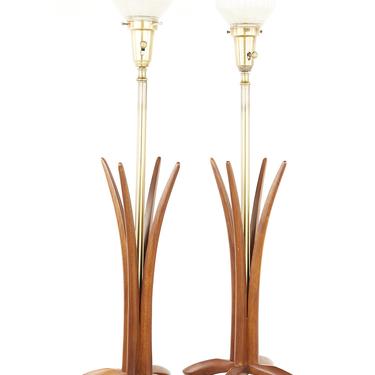 Mid Century Walnut and Brass Table Lamps - A Pair - mcm 