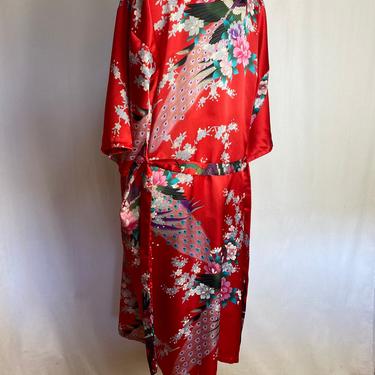 80’s Satin robe~ VTG Red Asian floral peacock print~ cheongsam silky slinky kimono inspired boho robe with sash belt & pockets~ size Medium 