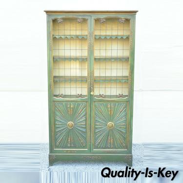 English Chinoiserie Green Distress Painted Tall George III Curio Display Cabinet