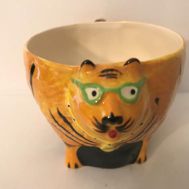 Vintage 1985 Tom Hatton Orange  &amp; White Tiger Cat Tea Cup Mug  ceramic artist, Tom Hatton 