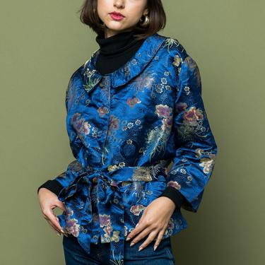Women's Asian Silk Jacket Royal Blue Medium Vintage 80s 90s Cropped Jacket 