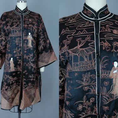 1920s Silk Duster with Scenic Embroidery | Vintage 20s Jacket with Metallic Threads &amp; Figural Depictions | small / medium 