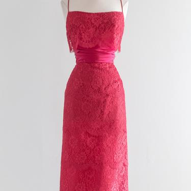 Vintage 1950's Raspberry Lace Hollywood Bombshell Dress &amp; Shawl / Waist 28&quot;