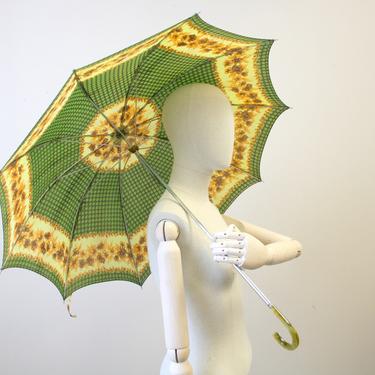 1960s Green Floral Umbrella with Lucite Handle 