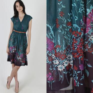 Vintage Floral Wrap Dress / Aqua Deep V Neck Flower Dress / 70s Sheer Wildflower Print Skirt / Light Sleeveless Day Party Mini Dress 