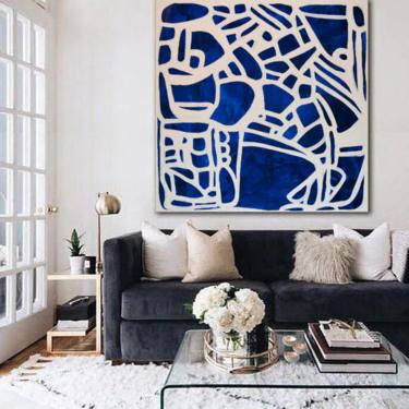 CUSTOM ORDER for Zoe Szumal-Blue & White LARGE 60&quot;x60&quot; Unstretched Canvas Painting Abstract Minimalist Original Contemporary Art by Art