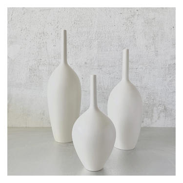 Set of 3 Small Ceramic Bottle Vases in Matte White Glaze by Sara Paloma Pottery, modern pure white bud vase mid century minimal shelf decor 