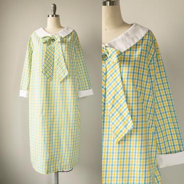 1960s Dress Cotton Plaid Shift L 