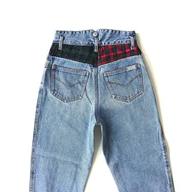XXS Vintage Bonjour High Rise Patchwork Flannel Plaid Jeans / Size 22 23 