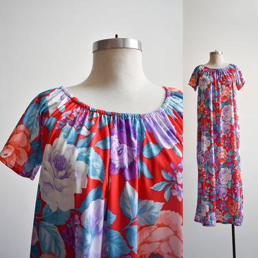 70s Purple & Blue Floral Summer Maxi Dress 