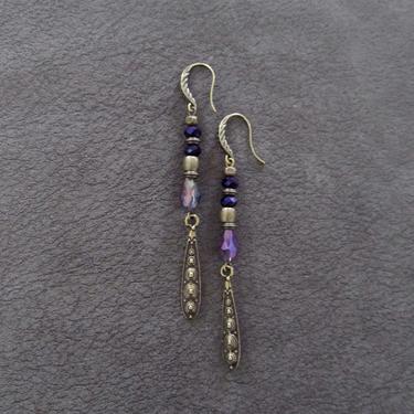 Long bronze dangle earrings, bling, purple crystal earrings, artisan rustic earrings, ethnic earrings, boho chic earrings, unique earrings 