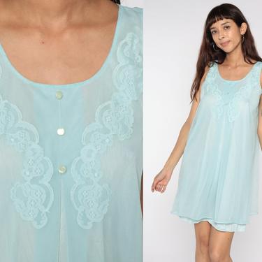 Baby Blue Nightgown Lingerie Slip Dress 70s BABYDOLL Mini Pinup Nightie Tent Pastel Trapeze Filmy Chiffon Boho Nylon 1970s Vintage Medium 