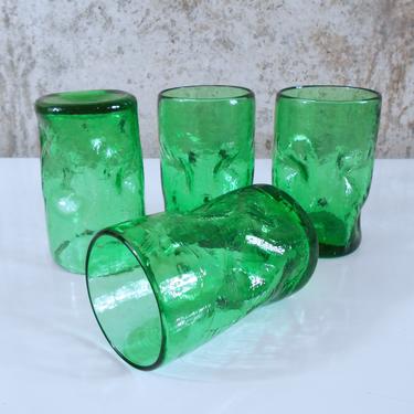 Set of Four Blenko Handlblown Tumblers - Pinched Dimple Crackle Glass in Jade Green - Blenko 418SC 