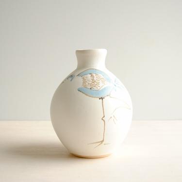Vintage Hand Painted Bird Vase, White and Blue Pottery Vase with Water Bird Design 