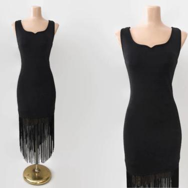 VINTAGE 90s Dramatic Fringe Hem Wiggle Dress | 1990s Sweatheart Neckline Cocktail Dress | Bodycon Gothic Bombshell Flapper | M/L 