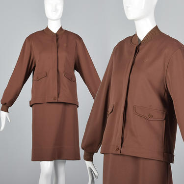 Large 1970s Set Givenchy Sport Two Piece Set Ribbed Knit Trim Long Sleeves Jacket Vented Back Pencil Skirt 70s Vintage 